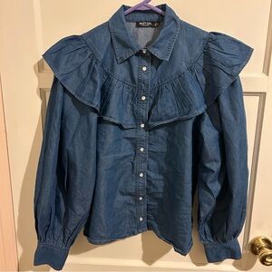 Nasty Gal Denim-like Blue Ruffle Button Up sz 8